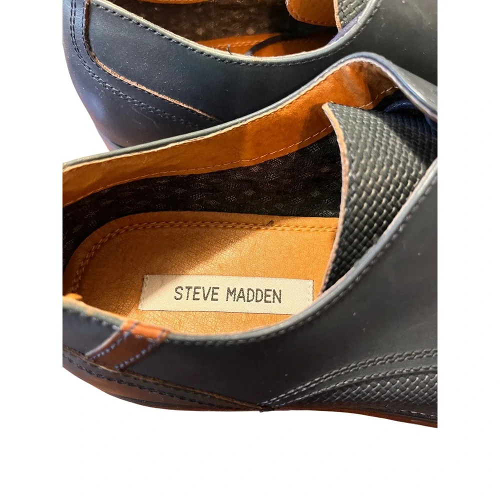 Steve Madden Mens Sz 12 Navy Blue Leather Oxford Dress Shoes Textured Weave Steve Madden Men Shoes for Men for sale | eBay main image 4